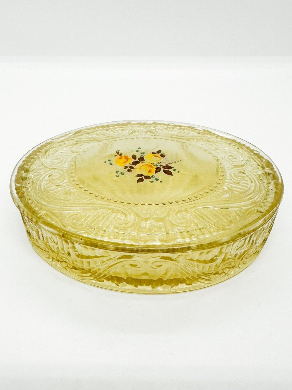Vintage Yellow Glass Floral Trinket Jewelry Box Kitsch Retro Vanity Cottagecore